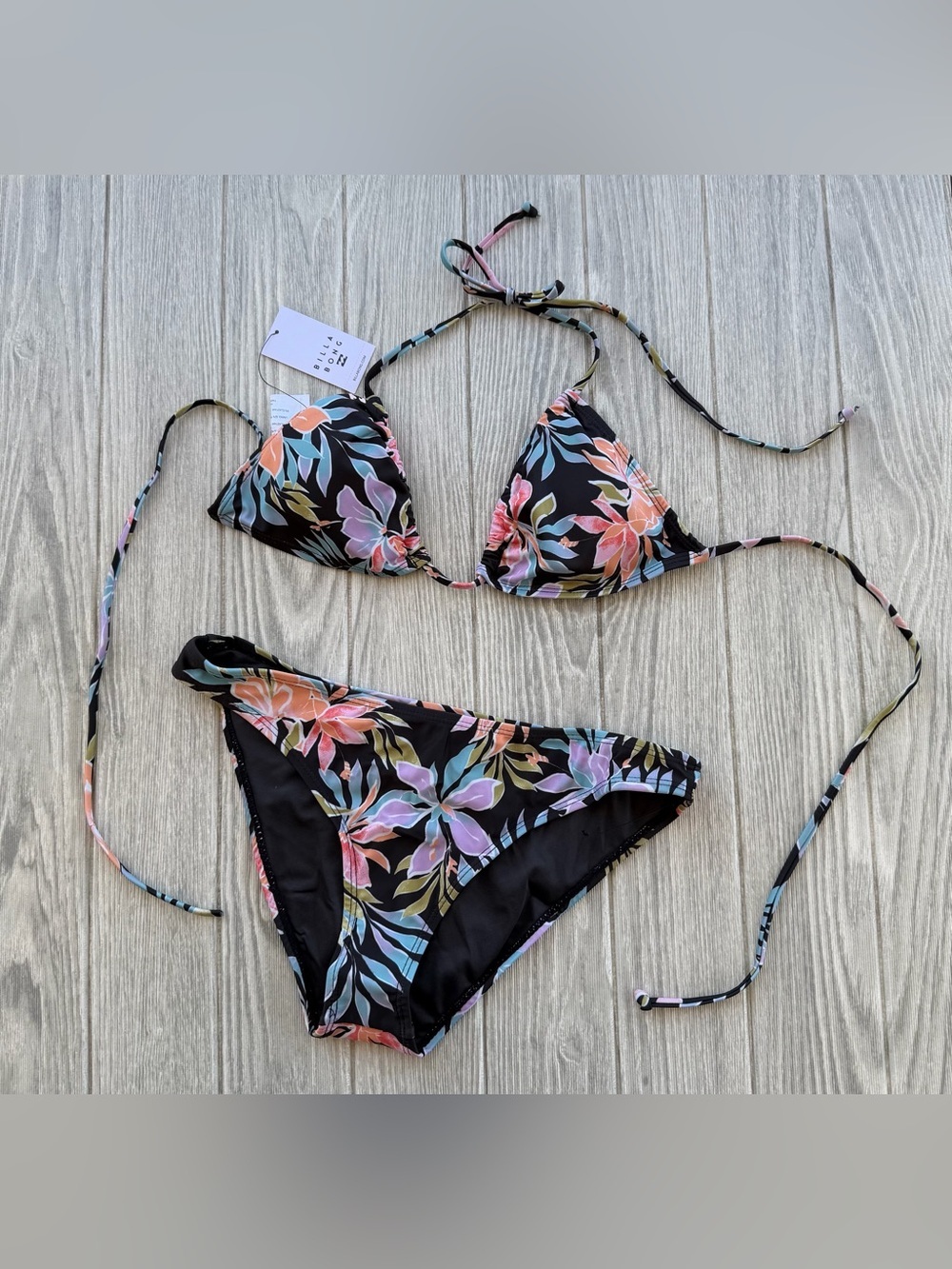 Billabong Black Floral Bikini with Pastel Accents